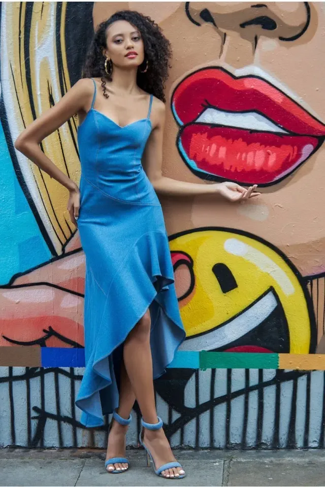 Goddiva Asymmetric Frill abito maxi denim blu
