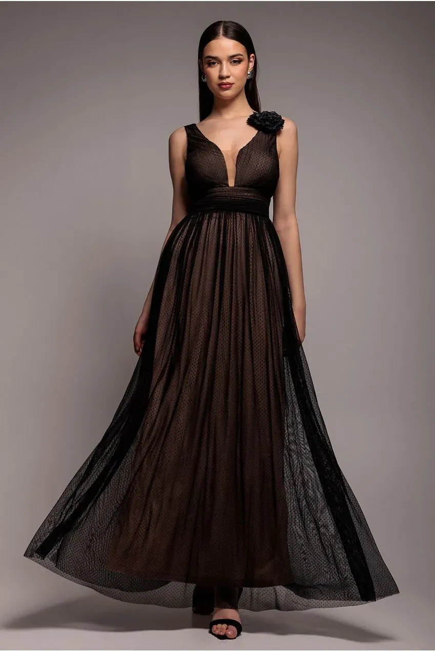 Goddiva Pleated Dobby Mesh abito maxi nero corsage