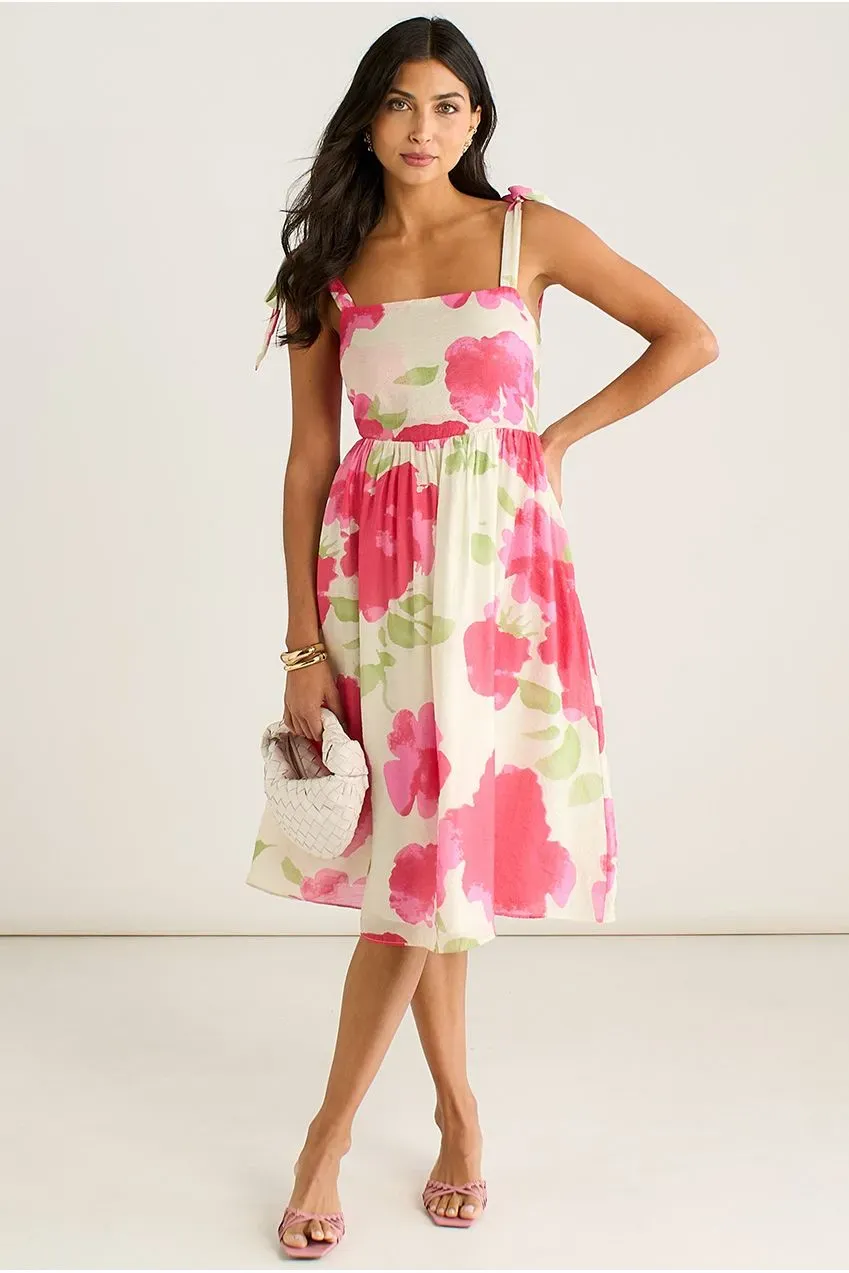 Gini London Pink Floral Tie Straps abito midi rosa floreale cocktail