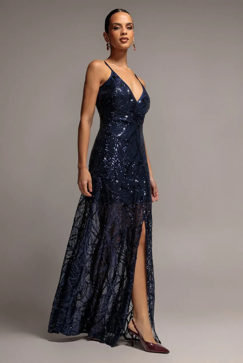 Goddiva Ornamental abito blu paillettes maxi spacco
