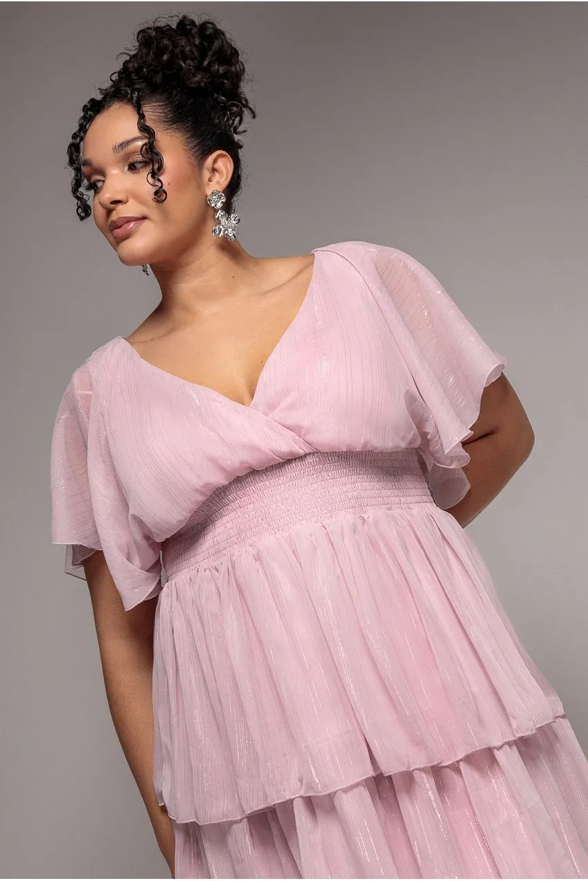 Goddiva Plus Lurex Chiffon Tiered abito midi rosa cipria