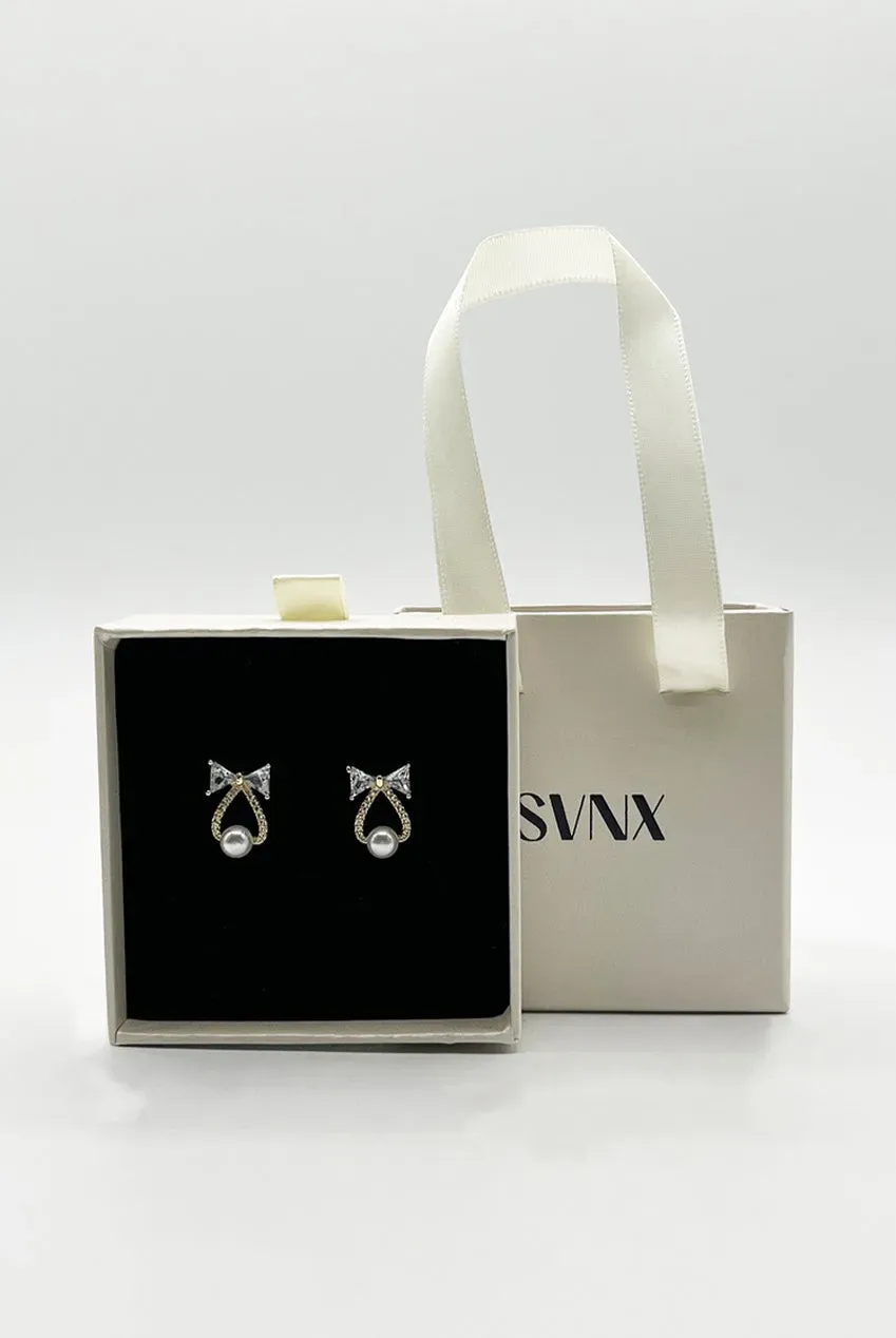 SVNX Bow orecchini fiocco oro perla pendente zirconi