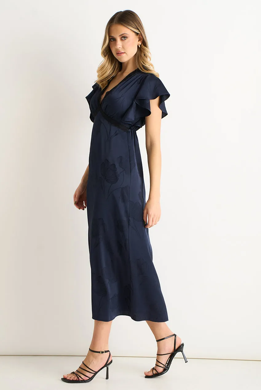 Gini London abito midi raso jacquard blu navy pizzo