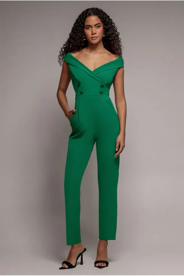 Goddiva Bardot Wrap Tuta Verde Smeraldo Scollo Cuore