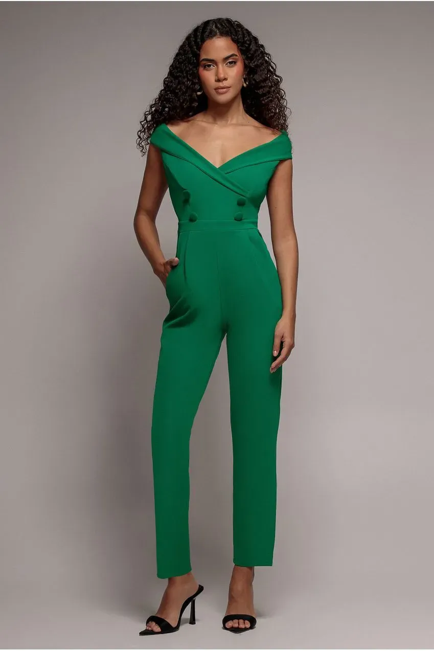 Goddiva Bardot Wrap Tuta Verde Smeraldo Scollo Cuore