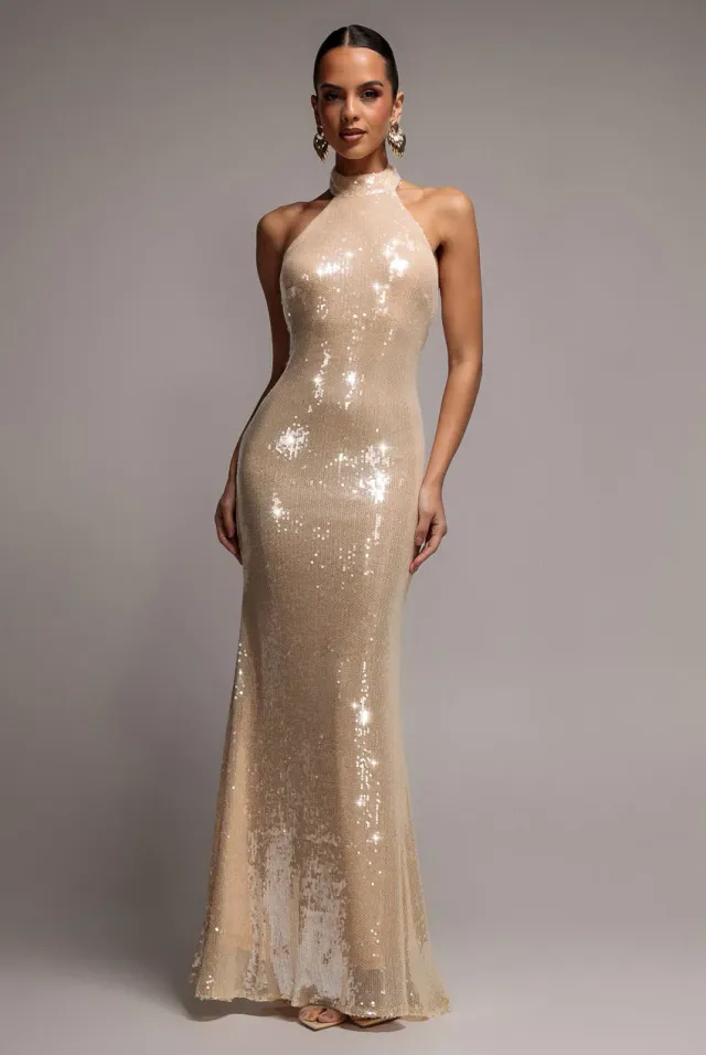 Goddiva Sequin Open Back Halter Neck Maxi Dress abito nude
