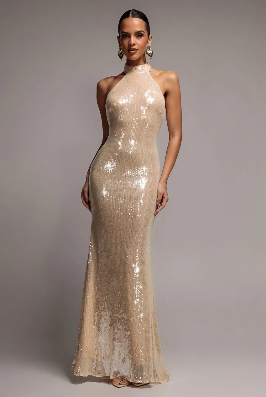 Goddiva Sequin Open Back Halter Neck Maxi Dress abito nude