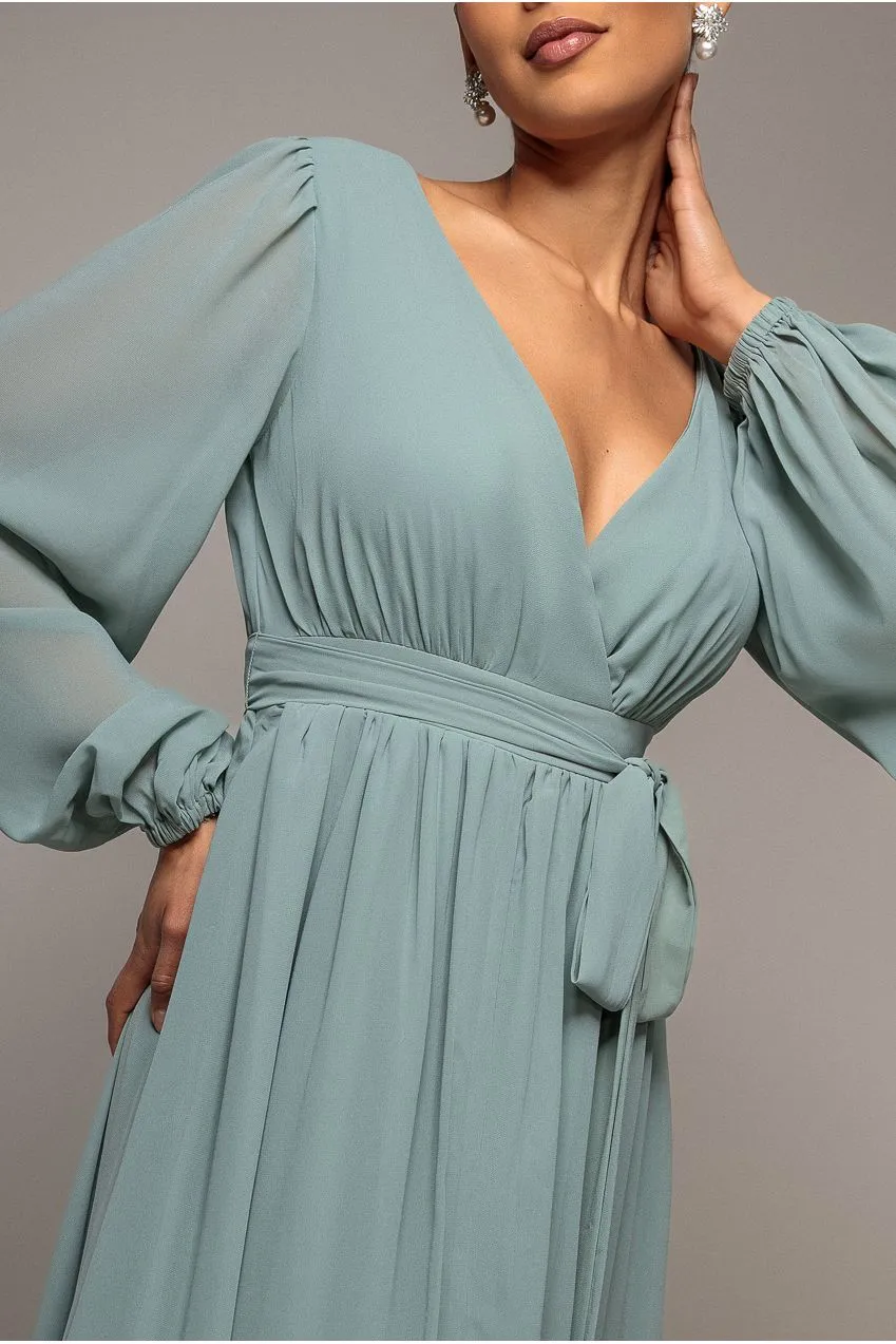 Goddiva Abito Maxi Verde Salvia Chiffon Spacco Manica Lanterna