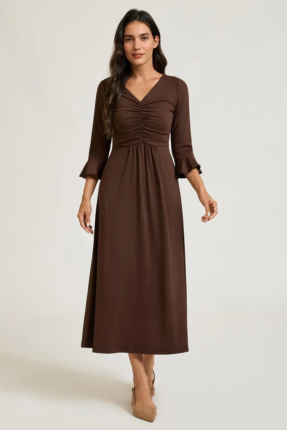 FS Collection Ruched Abito Midi Marrone Jersey Elasticizzato
