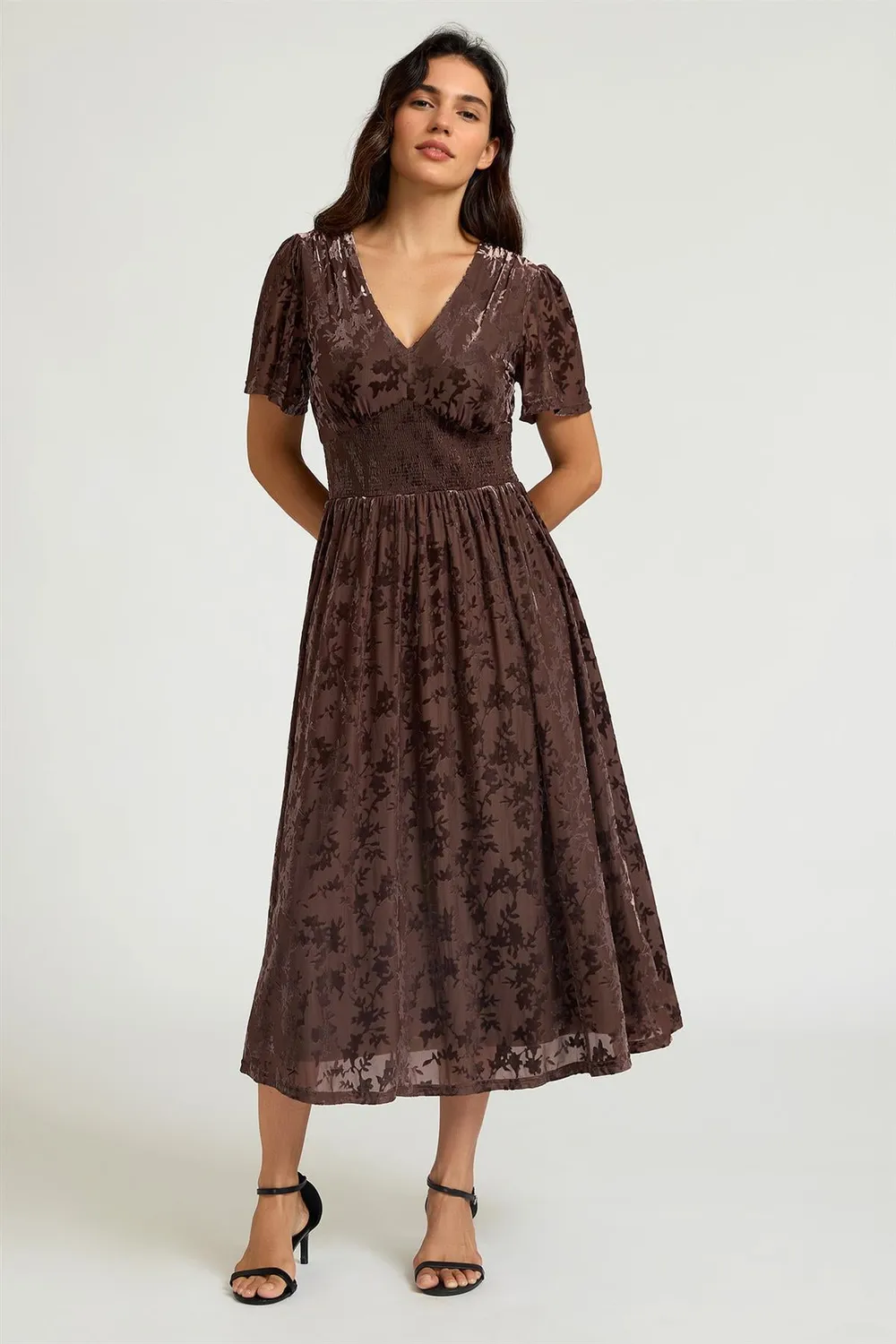 FS Collection Velvet Burnout midi abito marrone scollo V