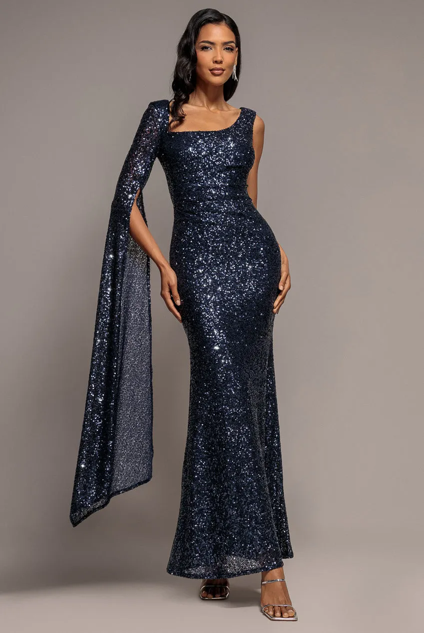 Goddiva Cape Sleeve Abito maxi navy paillettes sirena