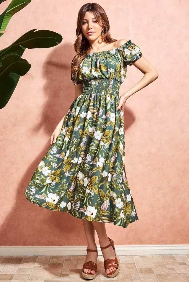 Goddiva DR3583 abito midi verde floreale spalle scoperte