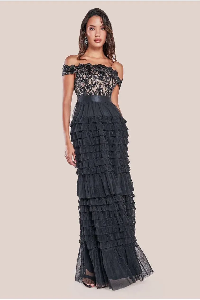 Goddiva Scallop Bardot abito lungo nero paillettes
