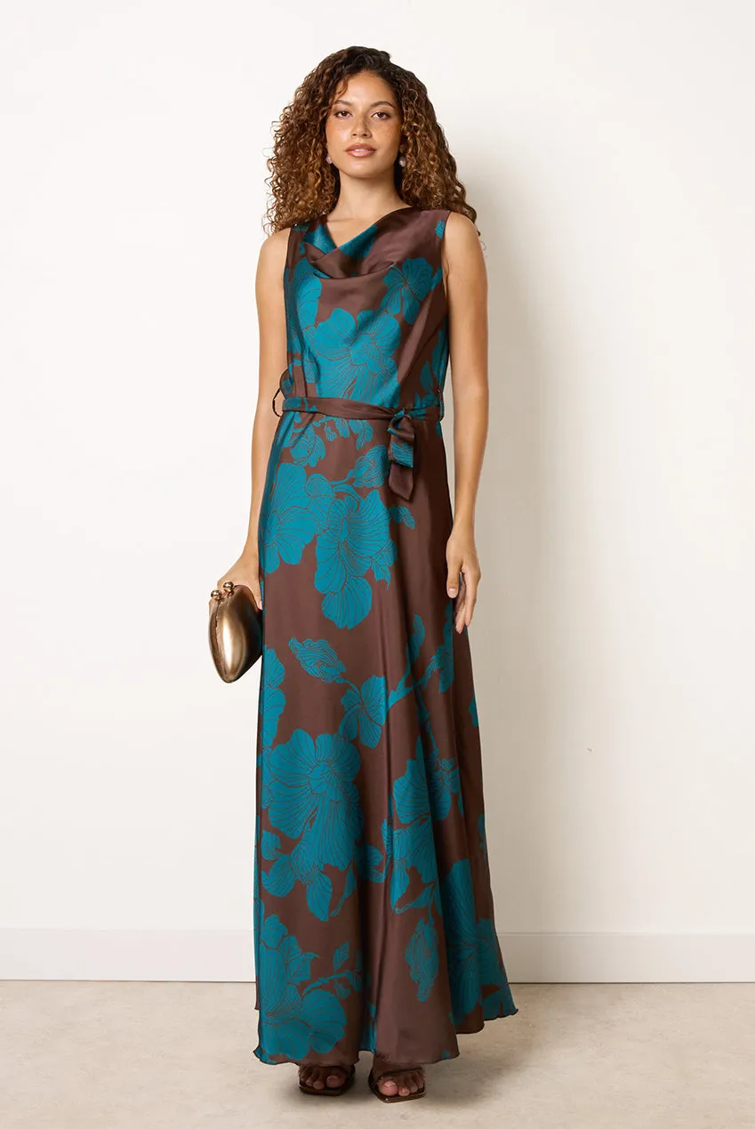 Blue Vanilla Floral Satin Cowl Neck abito raso cioccolato