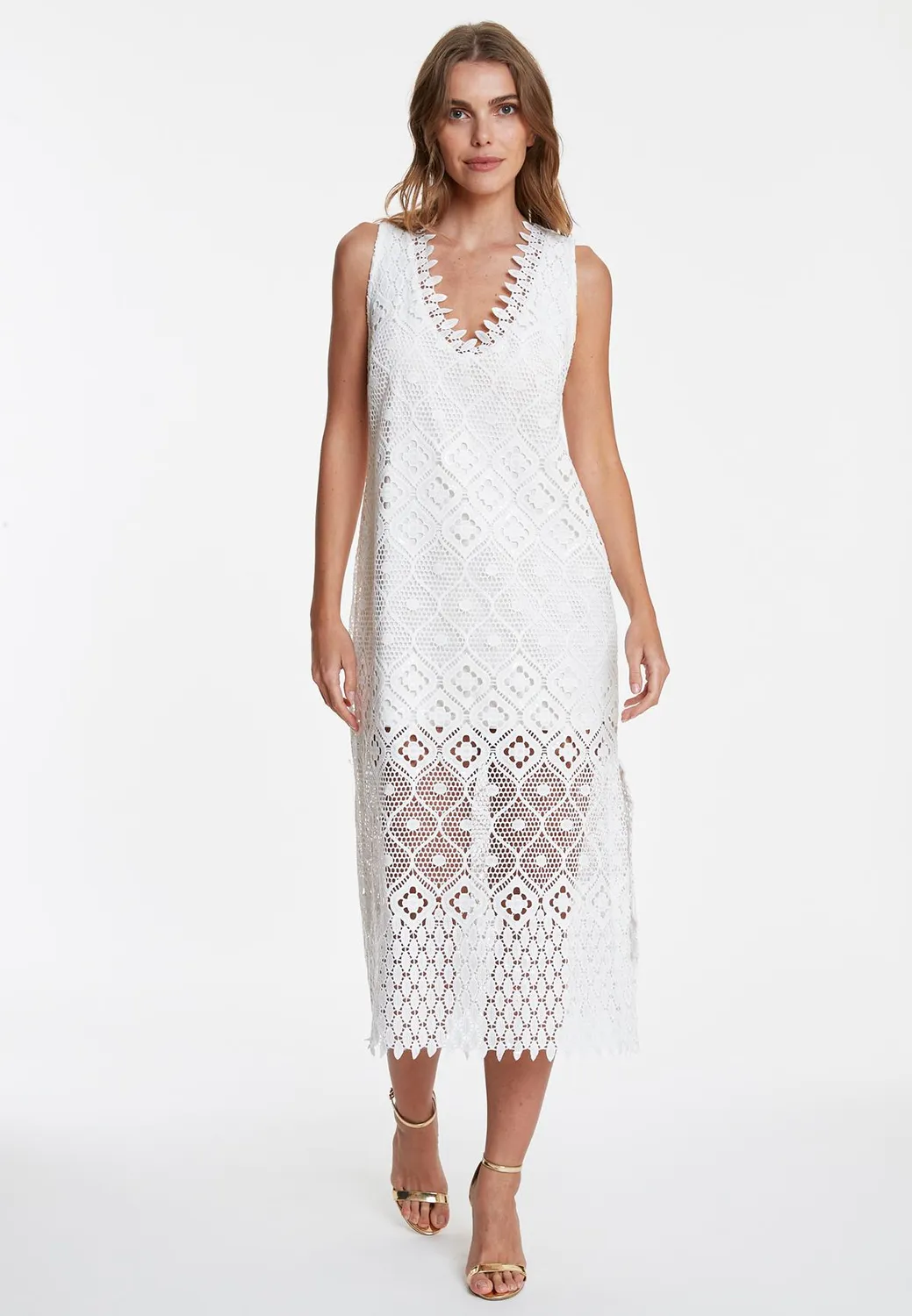 Ana Alcazar Wabora midi abito pizzo bianco scollo V