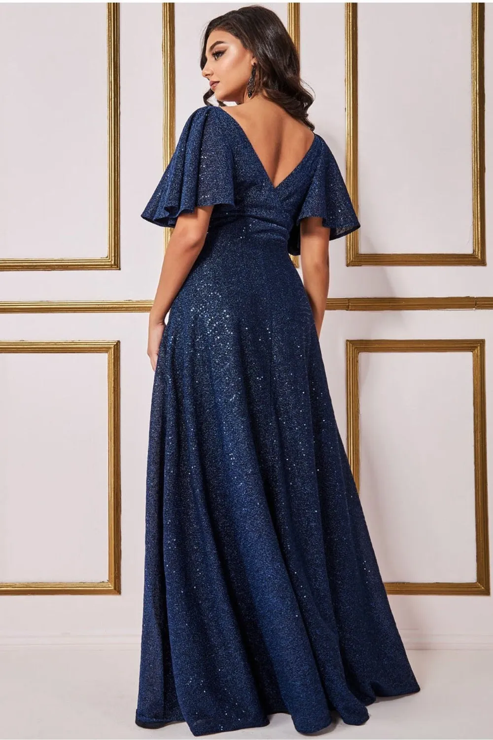 Goddiva DR3680 abito maxi lurex navy paillettes svolazzante