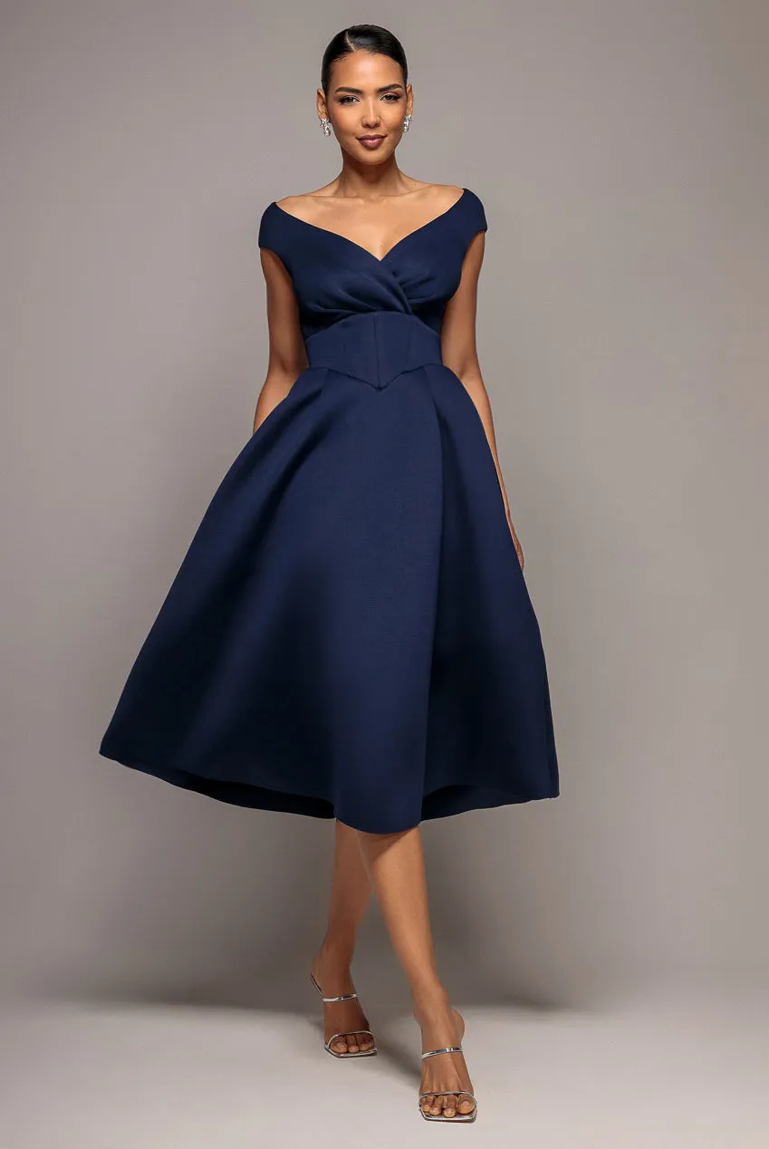 Goddiva Corset Fit & Flare abito midi blu navy tasche