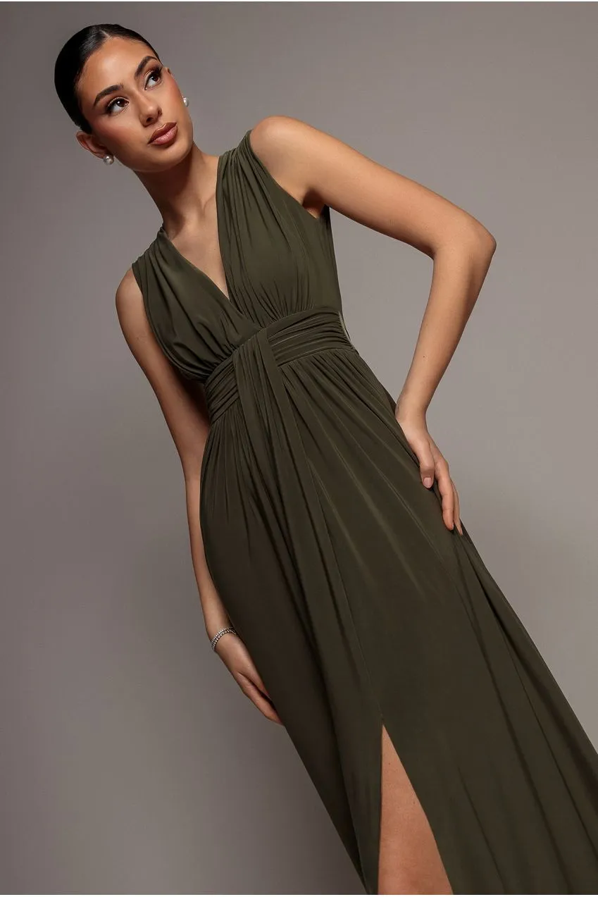 Goddiva Gathered Shoulder Wrap Neck Abito Maxi Kaki