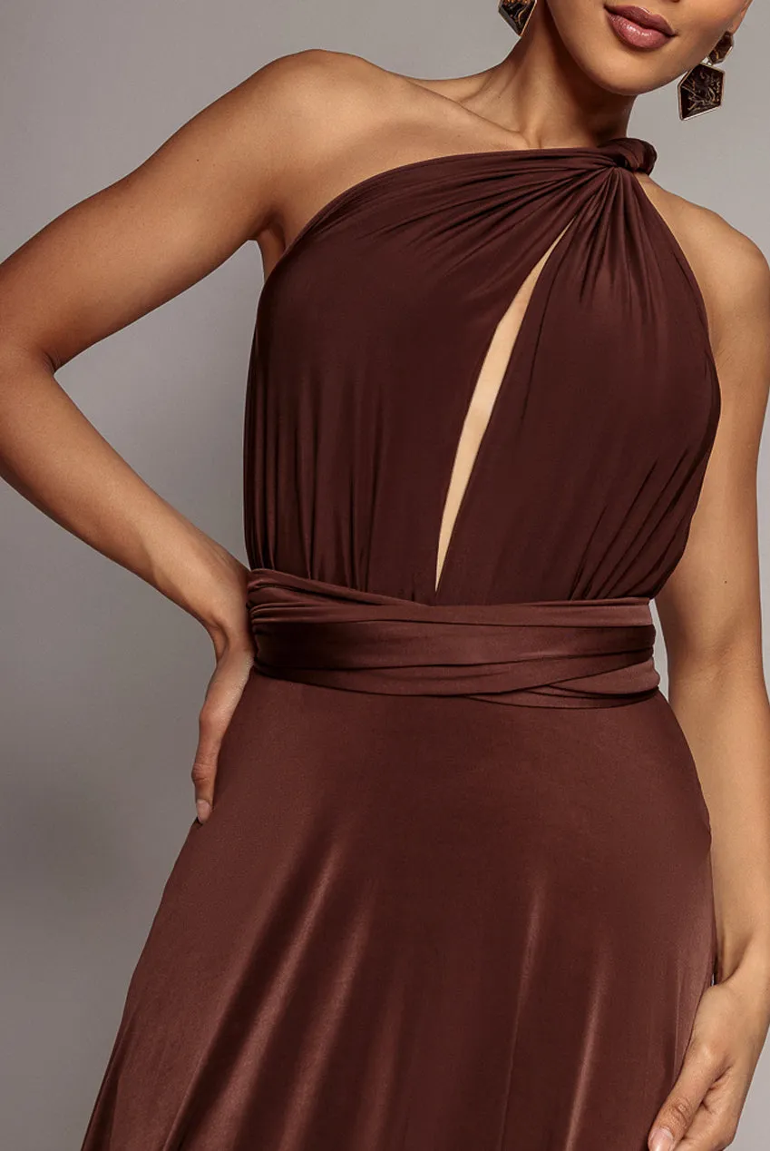 Goddiva Multiway abito maxi marrone allacciato