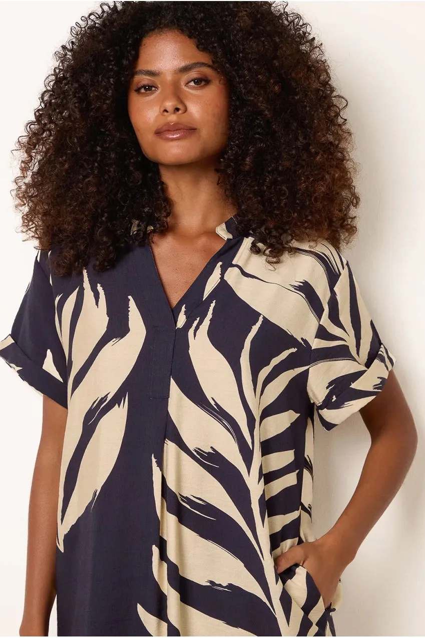 Blue Vanilla Palm Print Tunica Blu Navy Maniche Corte viscosa