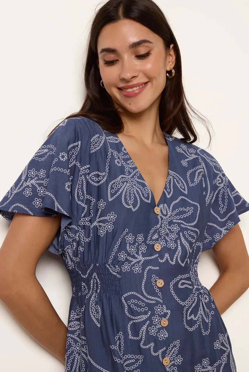 Blue Vanilla abito midi denim blu maniche volant