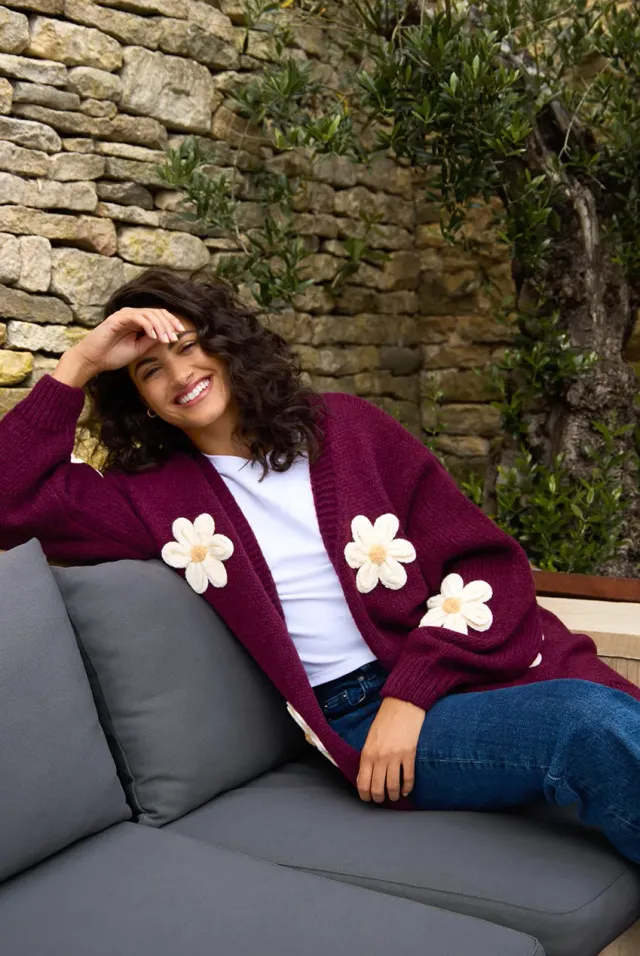 Blue Vanilla Daisy cardigan ricamato bordeaux S/M fiori grandi