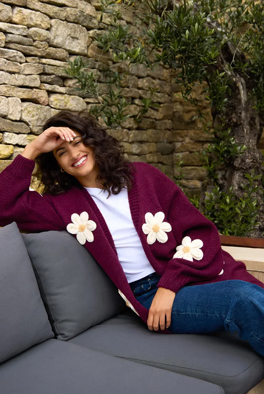 Blue Vanilla Daisy cardigan ricamato bordeaux S/M fiori grandi