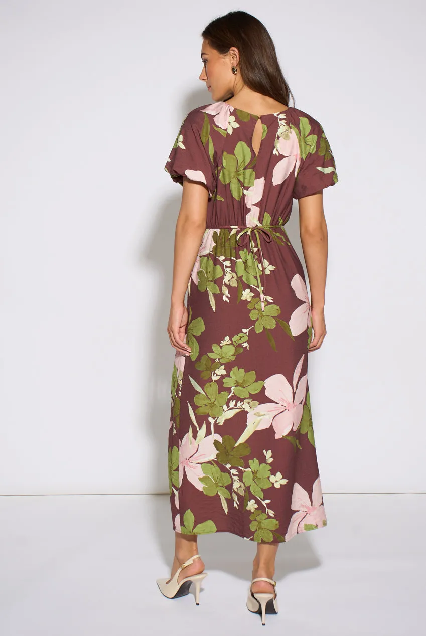 Gini London Floral Puff abito midi marrone fiori 8-16