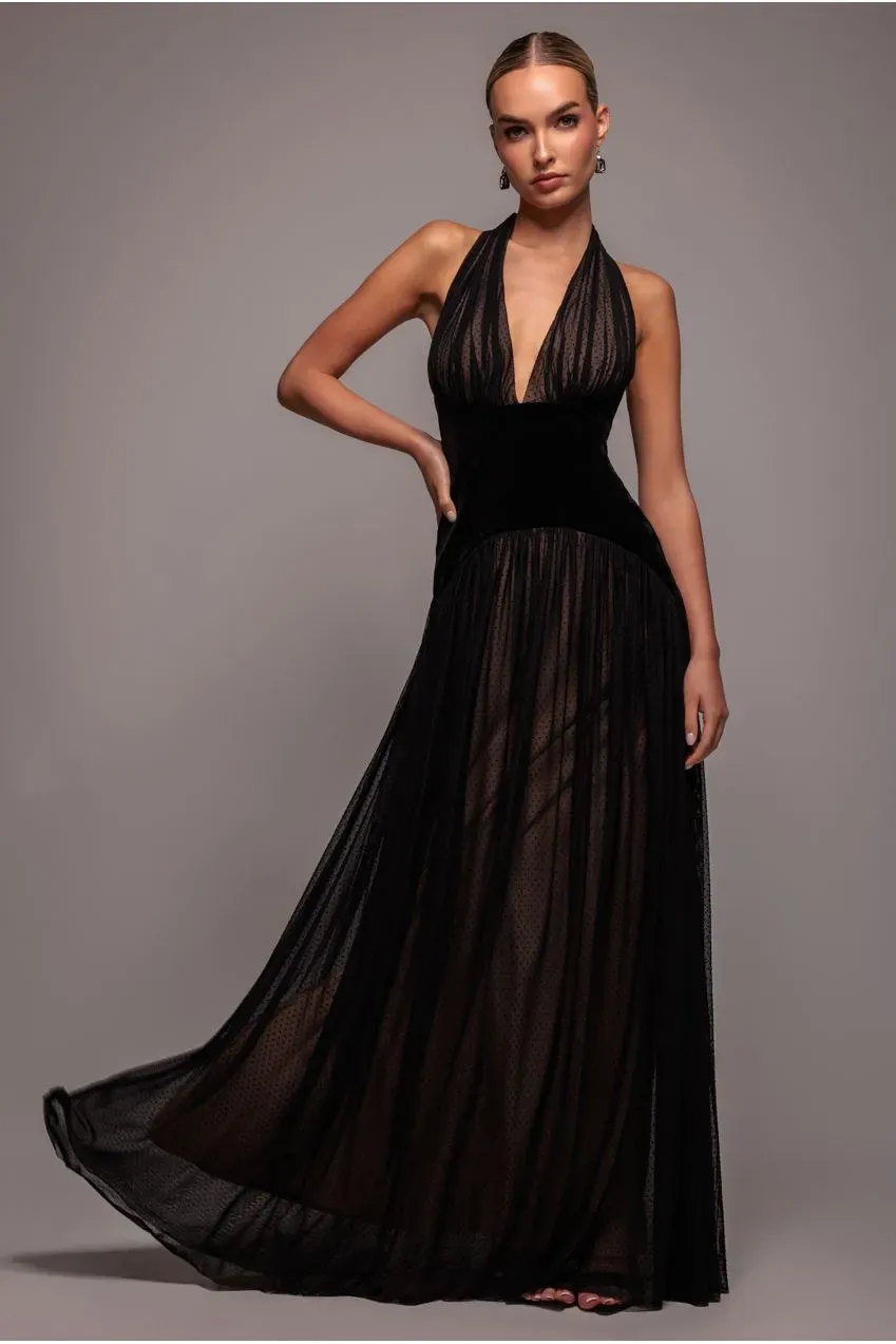 Goddiva Halter Abito Maxi Nero Velluto Rete Scollo Piombo