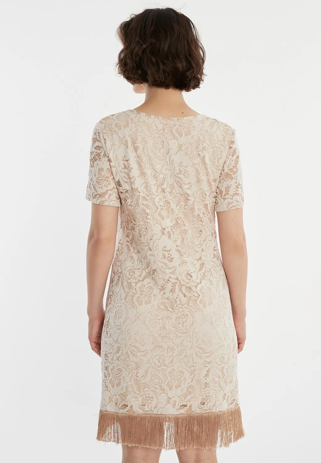 Ana Alcazar Zakary abito pizzo beige con frange