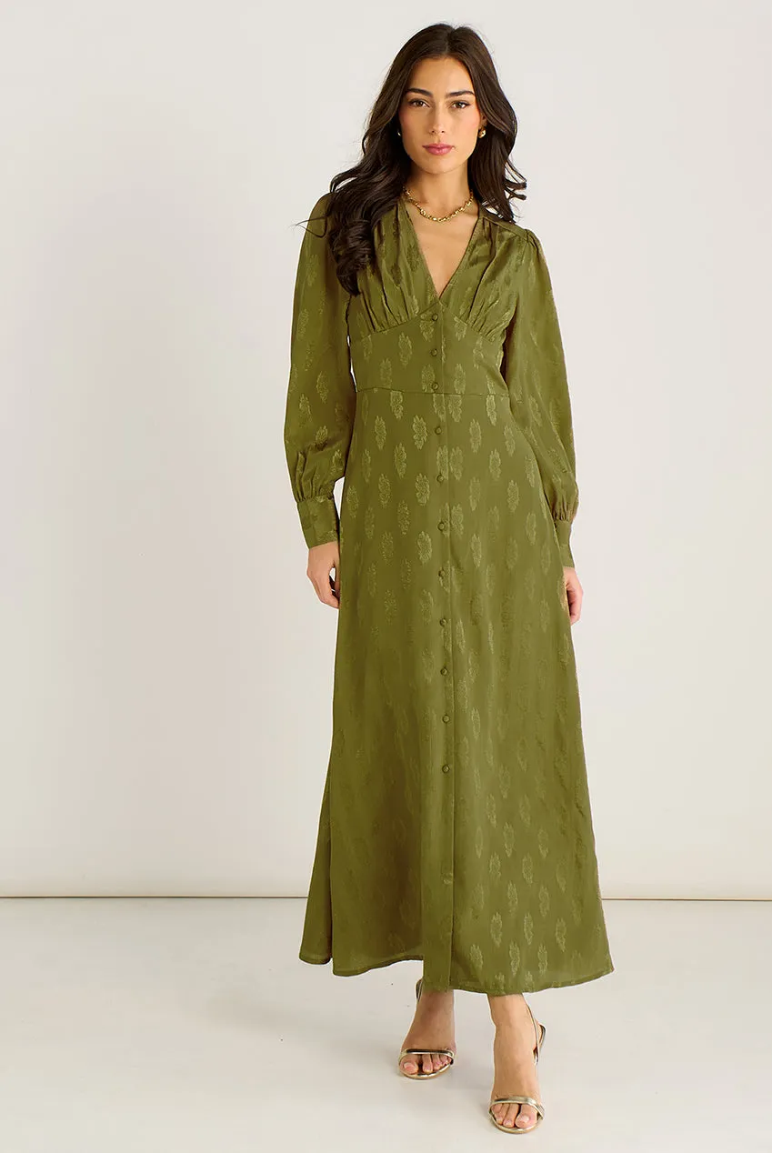 Goddiva Gini London abito maxi verde jacquard floreale