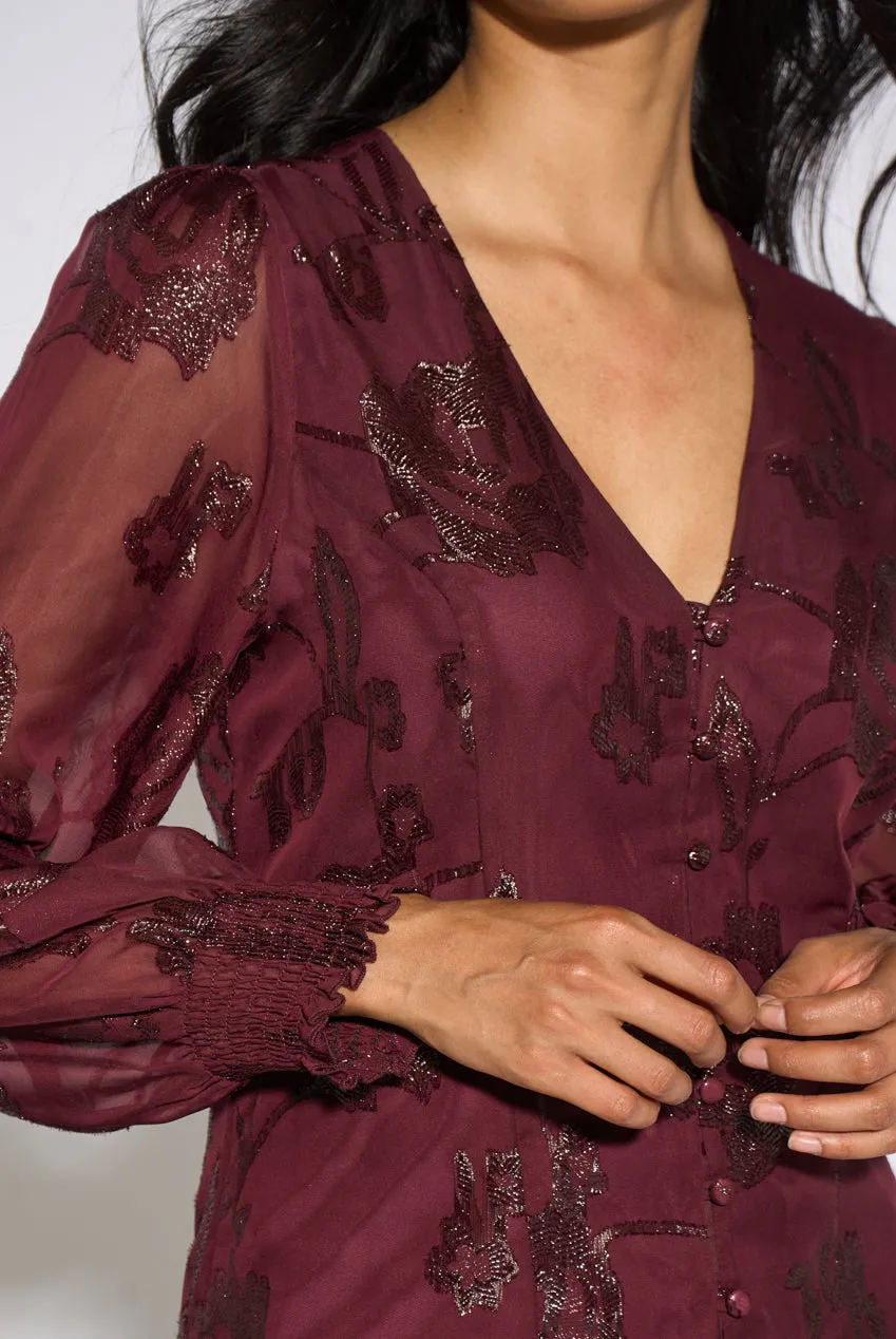 Gini London Floral Sparkle camicetta prugna jacquard