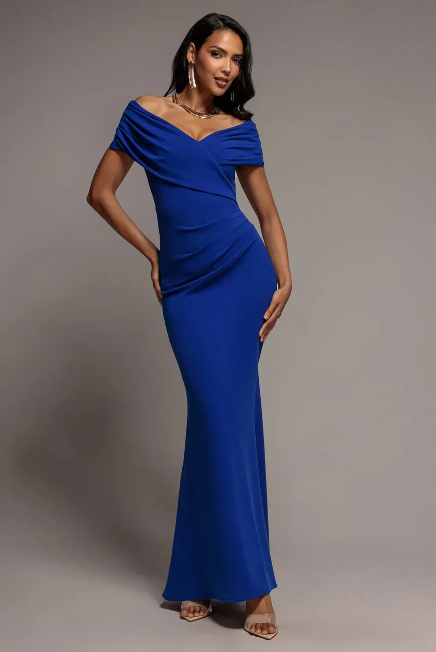 Goddiva Pleated Bardot Wrap abito lungo blu royal scuba