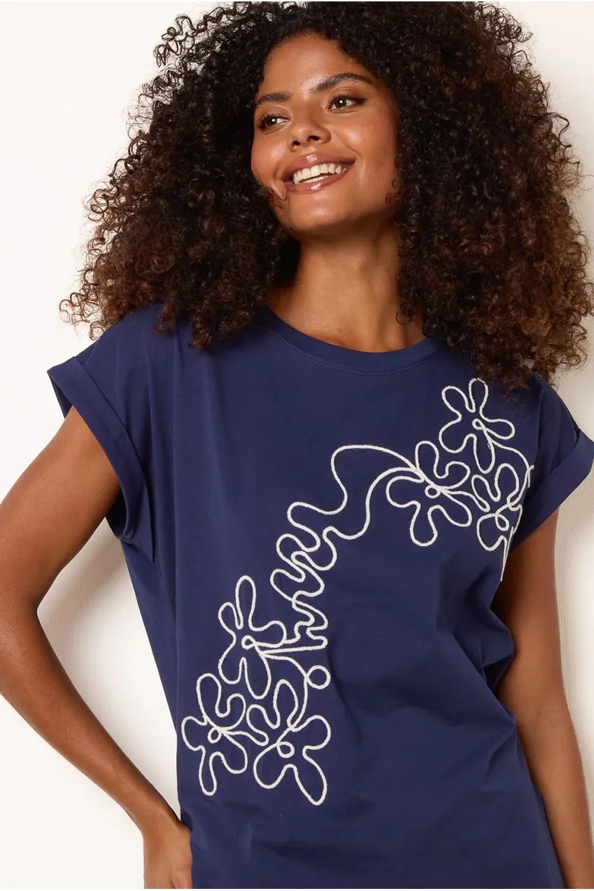 Blue Vanilla t-shirt ricamo floreale blu navy cotone