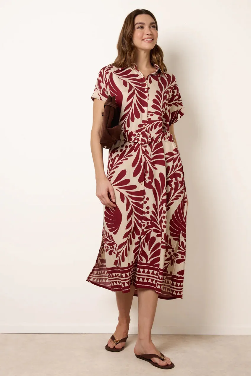 Blue Vanilla Tropical Leaf abito camicia vino S midi