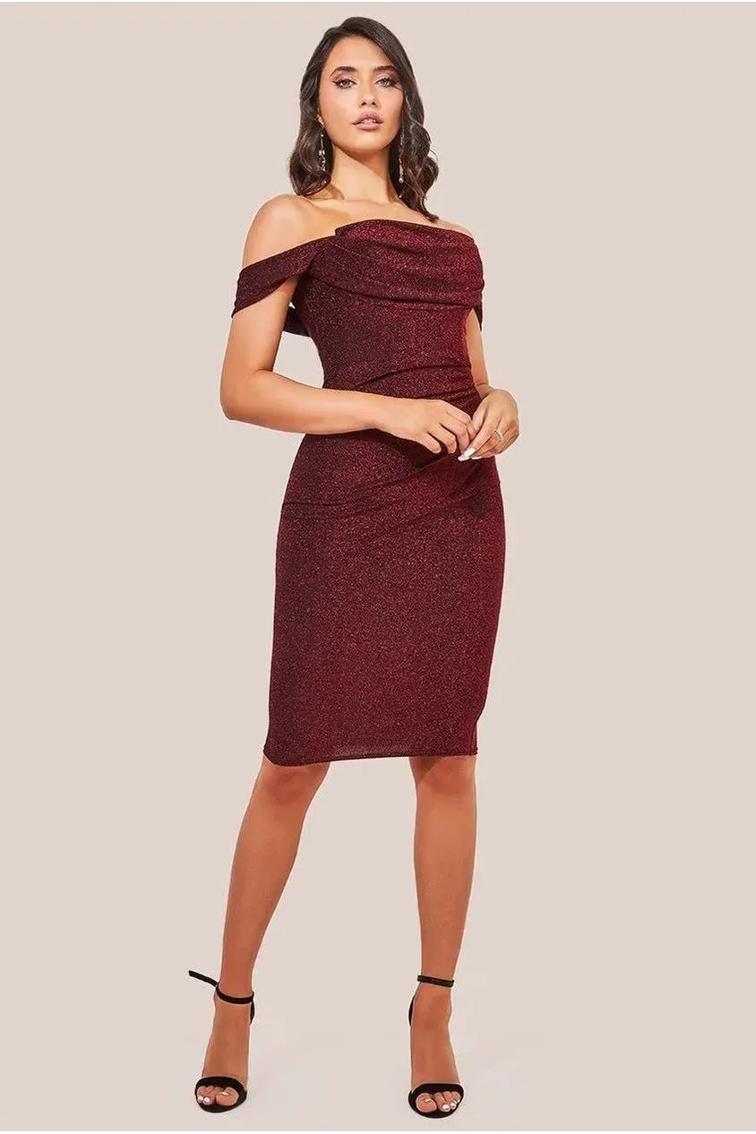 Goddiva Lurex Cowl abito midi rosso spalle scoperte 12