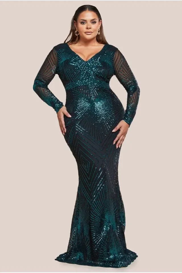 Goddiva Plus Starburst Sequin abito maxi smeraldo paillettes