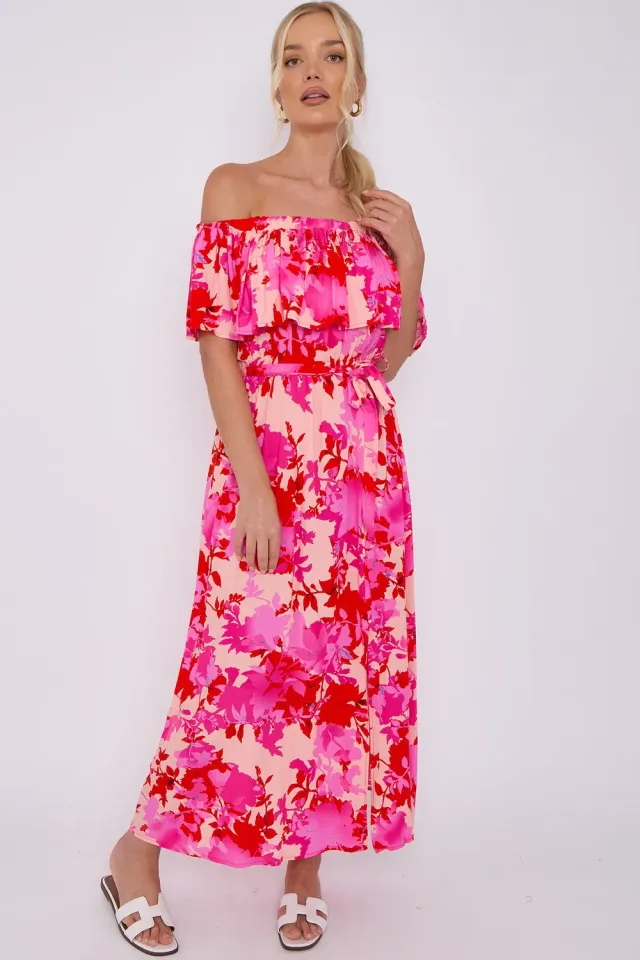 Goddiva Love Sunshine Bardot abito maxi rosa M floreale