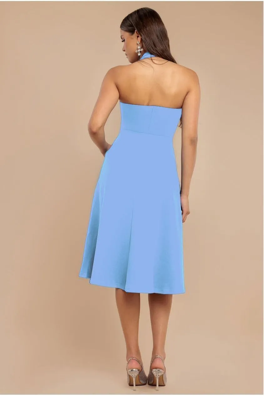 Goddiva Frilled Halter Neck Strap abito midi blu fiordaliso