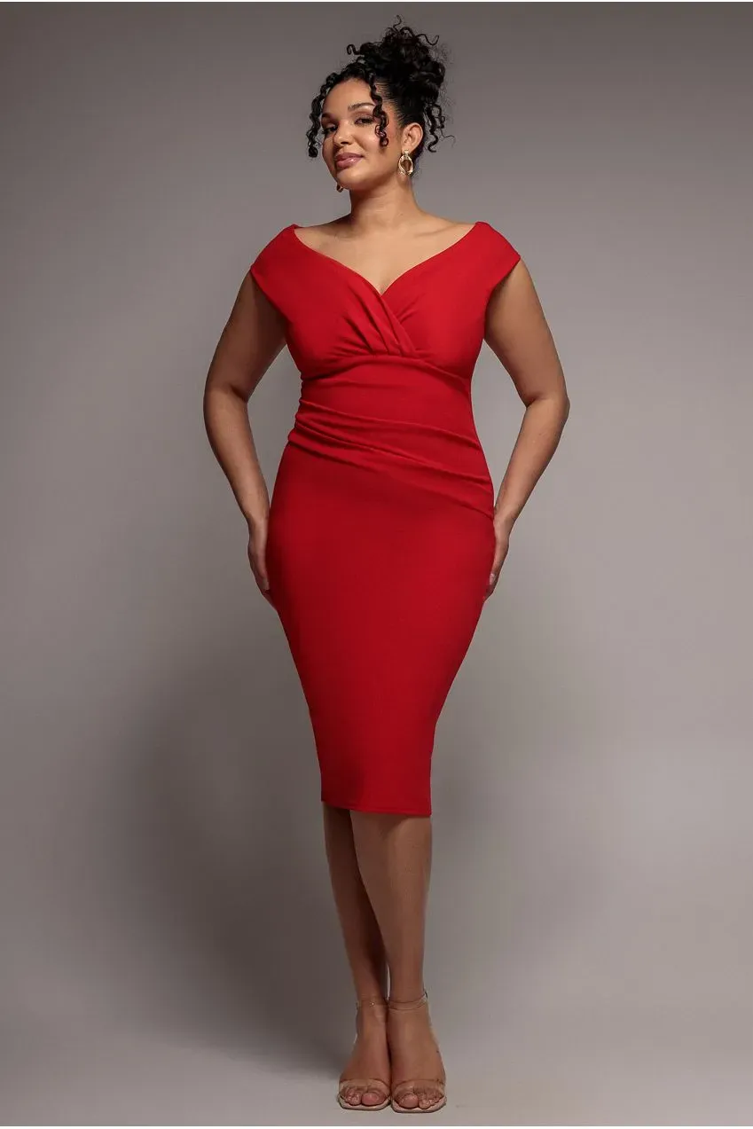 Goddiva Scuba Bardot Pleated abito midi rosso scuba