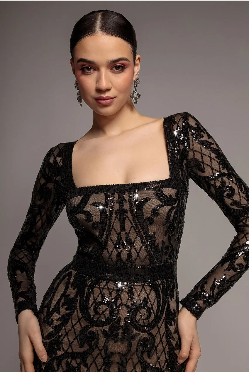 Goddiva Sequin DR4038 Abito Midi Nero Paillettes Quadrate