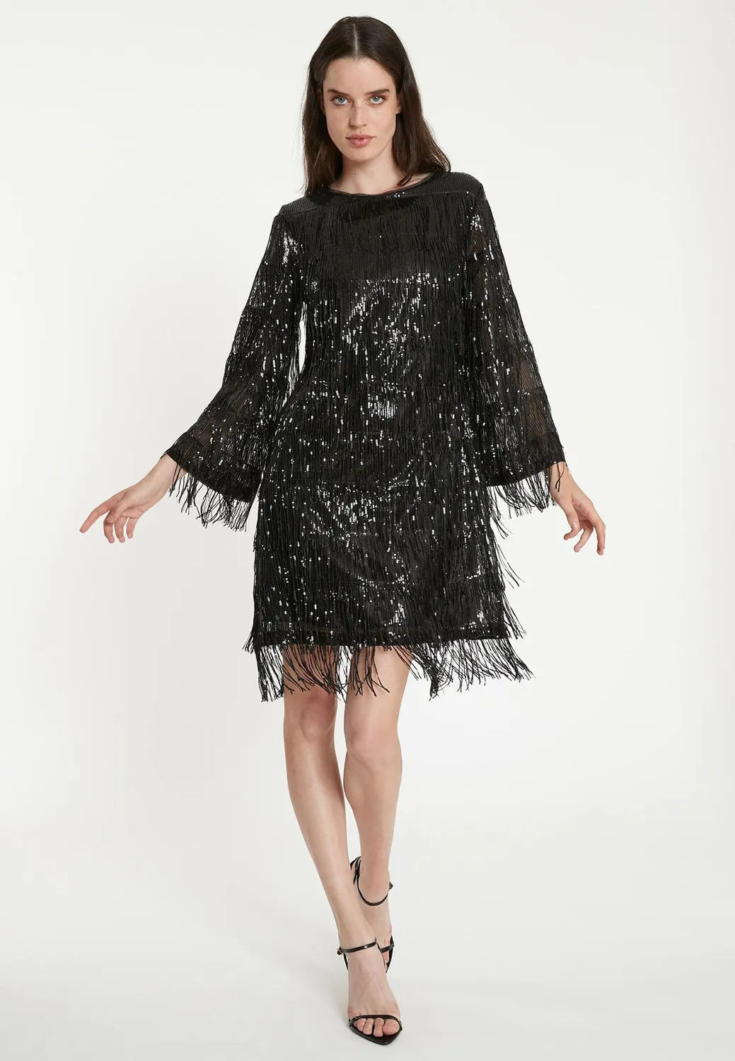 Ana Alcazar Tabea abito cocktail nero frange paillettes