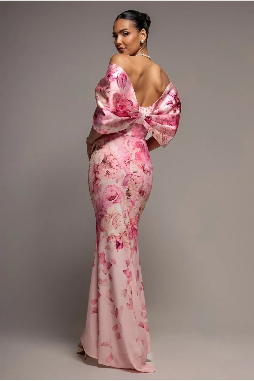 Goddiva Satin Bow Back abito lungo rosa cipria floreale