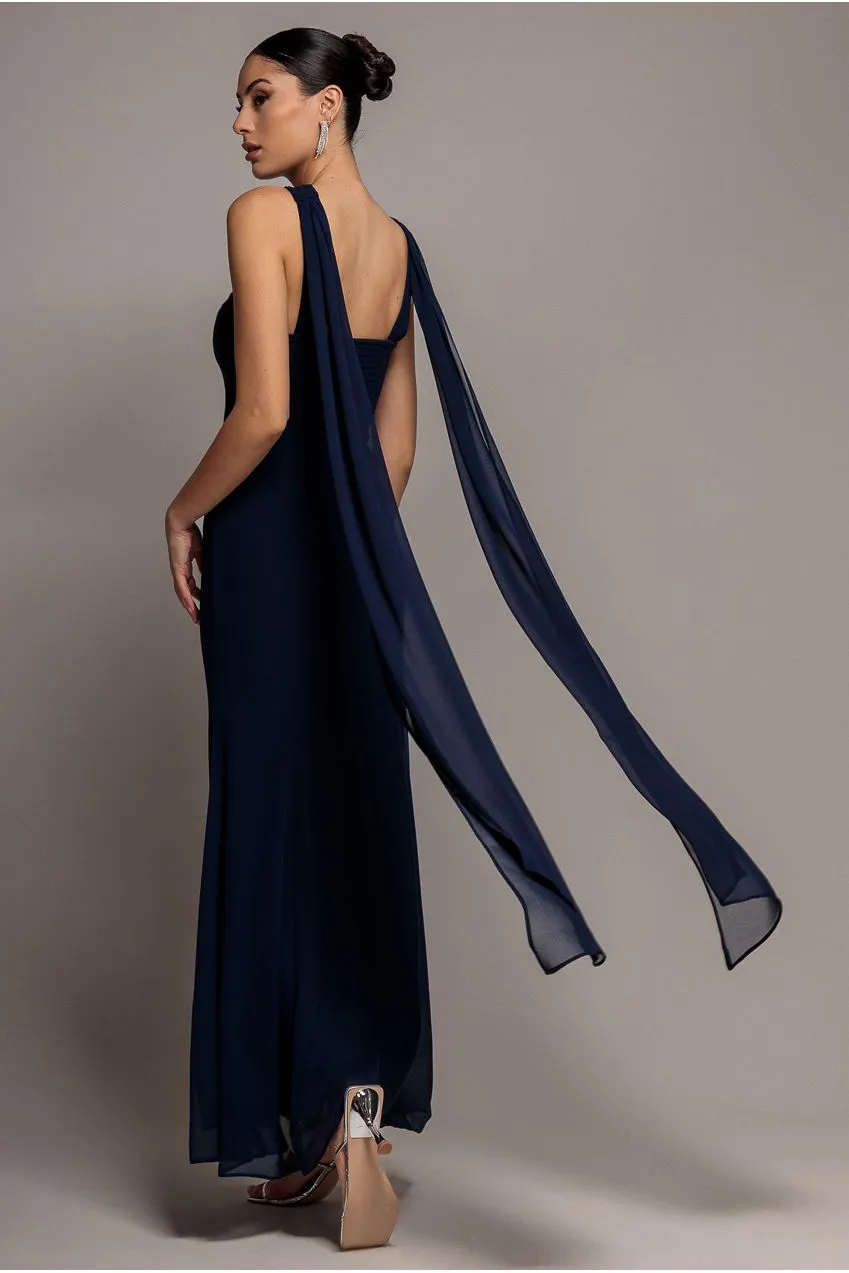 Goddiva Cross Front Scarf maxi abito blu navy chiffon