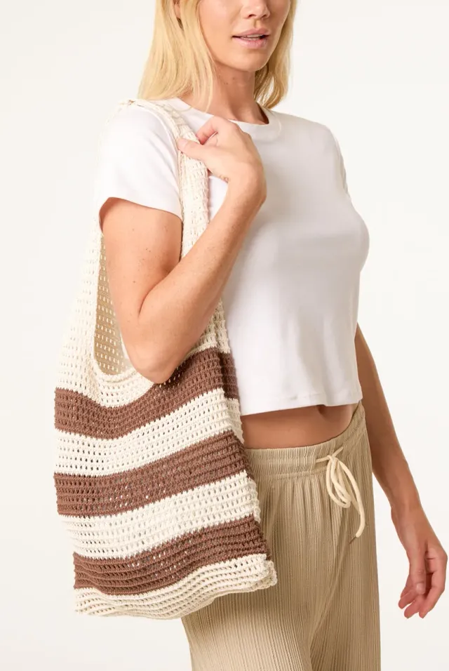 Blue Vanilla Crochet Stripe borsa mare beige uncinetto