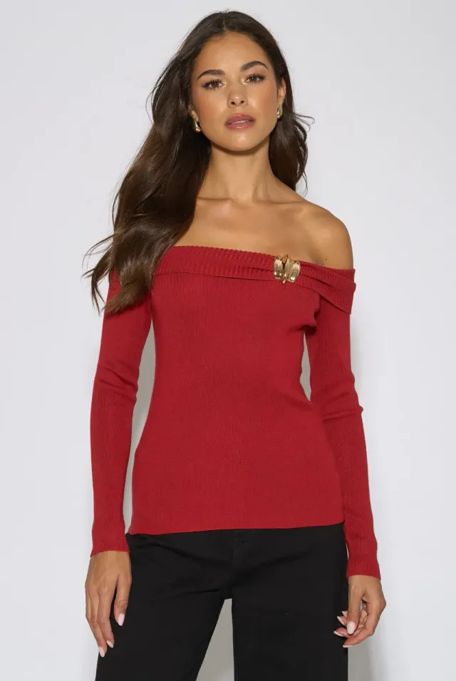 Gini London Bardot Top Rosso Bottoni Oro Manica Lunga