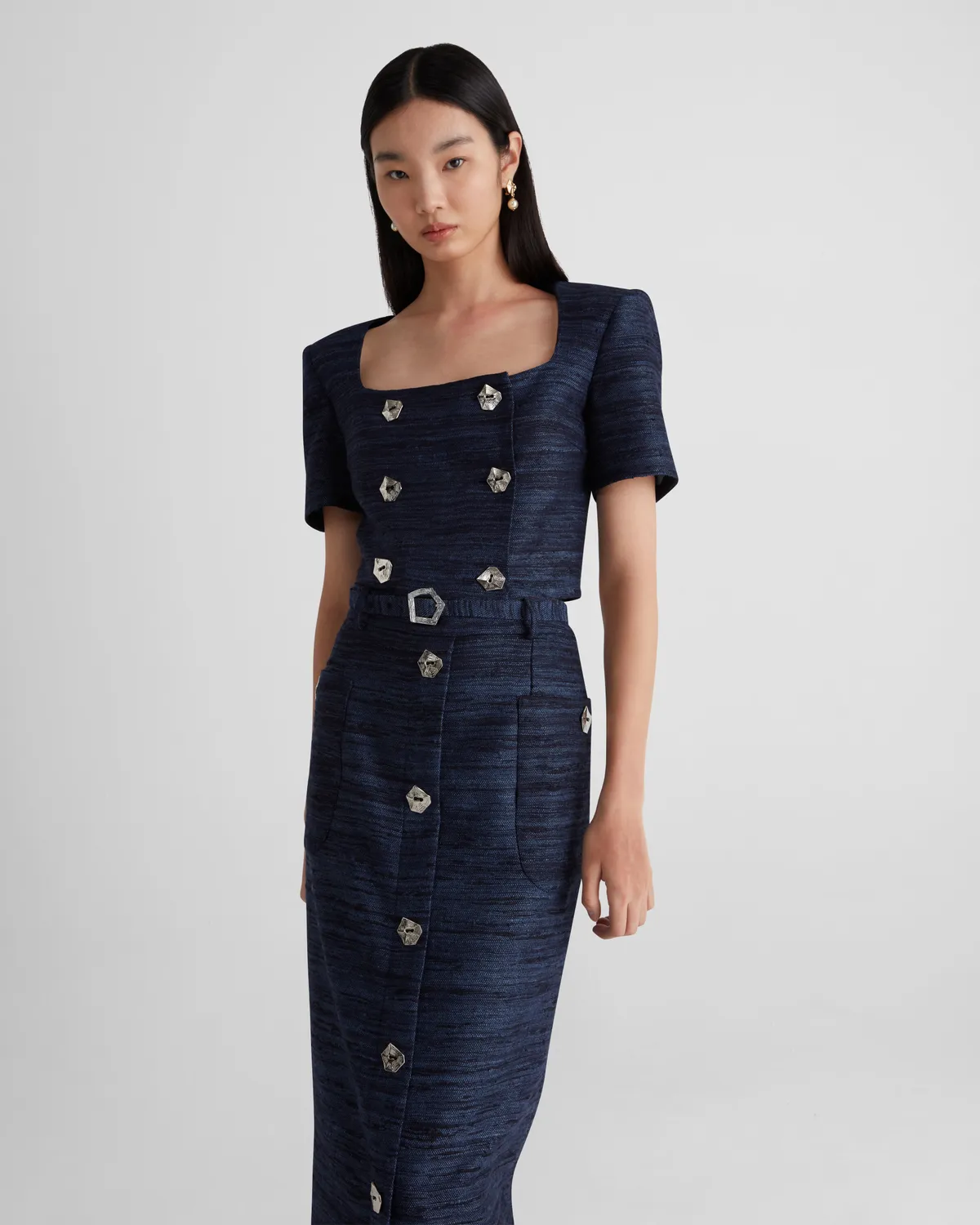 Violante Nessi Vittoria top blu tweed seta doppiopetto