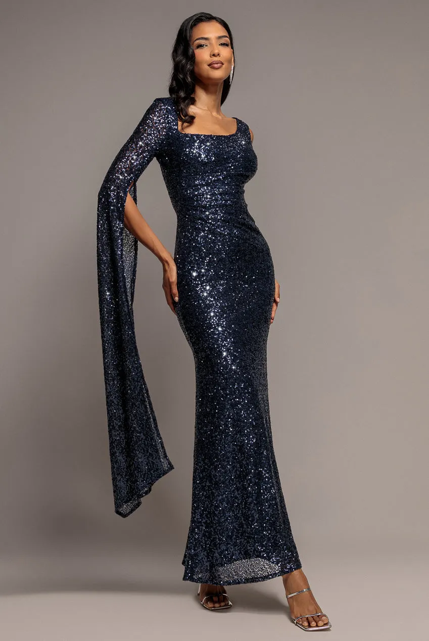 Goddiva Cape Sleeve Abito maxi navy paillettes sirena