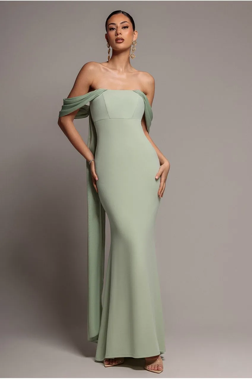 Goddiva Off Shoulder Wing Cape abito maxi verde salvia satin