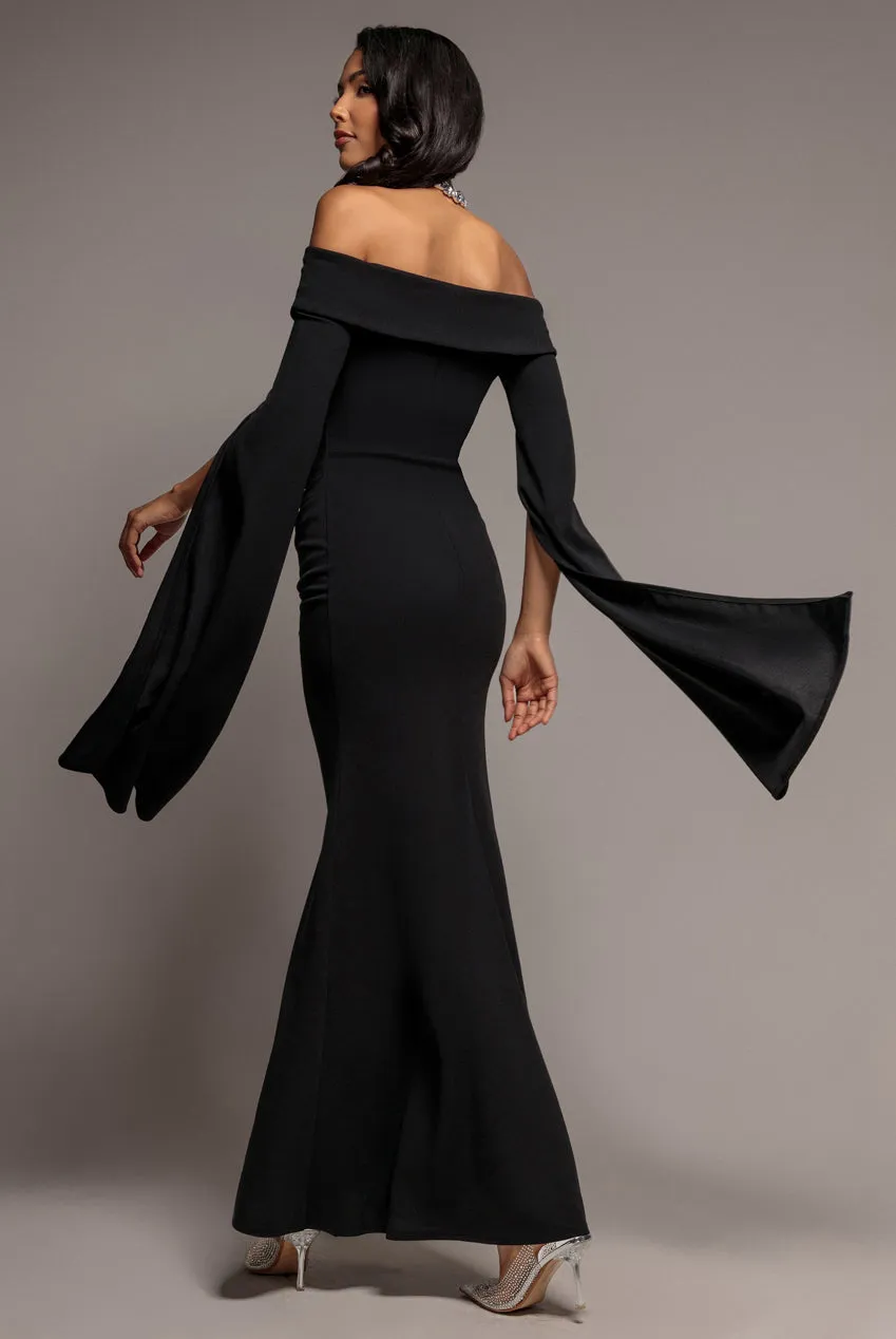 Goddiva Bardot Split Cape abito maxi nero spalle scoperte